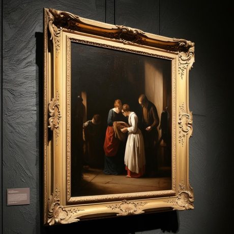 Classic-munkacsy-oil-painting-in-an-ornate-golden-frame-hanging-on-a-dark-wall-gallery-setting-with-soft-spotlight_-1